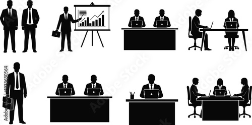 Professional business silhouette set featuring male and female executives working at desks using laptops presenting financial charts and carrying briefcases for modern corporate productivity