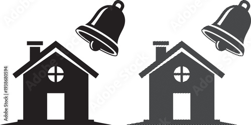 Two houses each with a bell floating above them in silhouette style