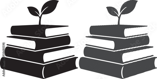 Growth and knowledge symbolized by sprouting plants on stacks of books
