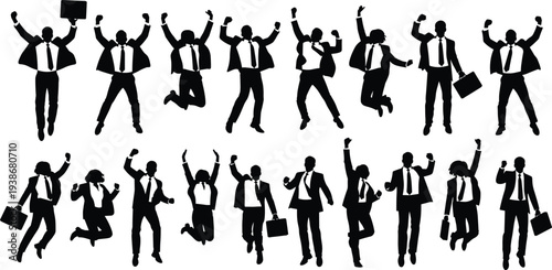 Professional business team silhouette set featuring male and female executives jumping and celebrating success for corporate achievement career growth motivation and victory reaching goals