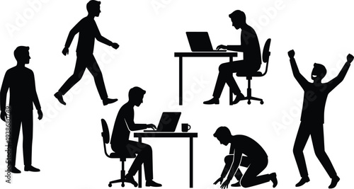 Professional businessman silhouette set featuring male executives walking celebrating success sitting at desks using laptops and kneeling for modern corporate office workplace productivity