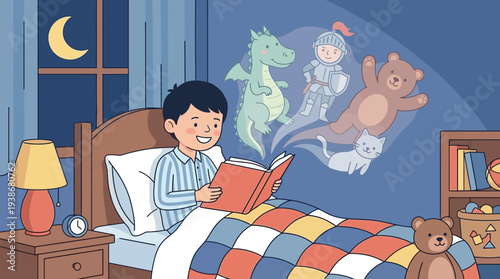 Young boy reading in bed with fantasy creatures floating above him in a dreamlike scene