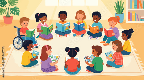 Children reading together in a cozy landscape setting, a serene scene of young minds engaged in literary exploration