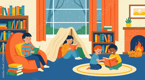 Family enjoying reading together in a cozy living room with books and a fireplace