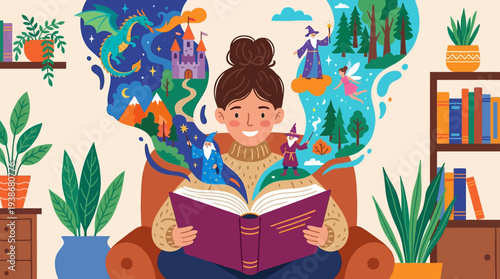 Woman reading a book surrounded by bookshelves and plants in a cozy environment