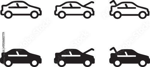 Set of car icons representing open hood and trunk for automotive services and repair concepts isolated on white