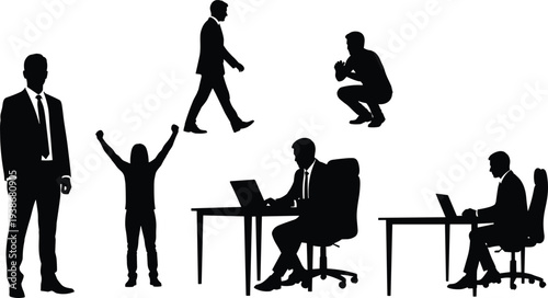 Professional businessman silhouette set featuring male executives walking celebrating success standing in formal suits and working at office desks with laptop for productivity