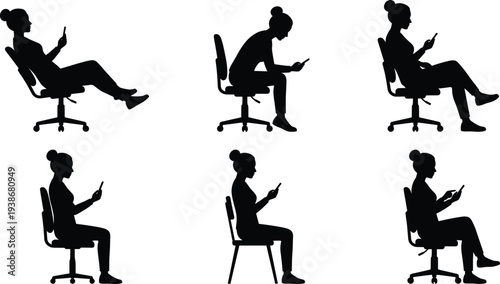 Professional businesswoman silhouette set featuring female executives sitting in office chairs while using smartphones for digital communication mobile networking and modern workplace management