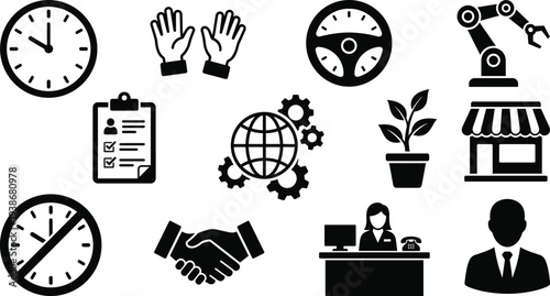 Business and industrial silhouettes icon set featuring automation robotics global operations time management employment human resources retail growth partnership customer and professional workforce