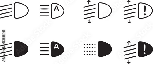 Collection of car headlight indicator icons including automatic light and high beam symbols for dashboard UI and automotive design isolated on white