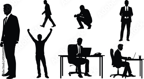 Business professional silhouette set featuring male executives walking standing celebrating success working at desks and sitting in office chairs for corporate career imagery