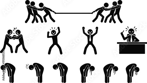 Business stress and workplace conflict silhouette set featuring employees arguing tug of war competition angry managers and exhausted professionals for human resource management