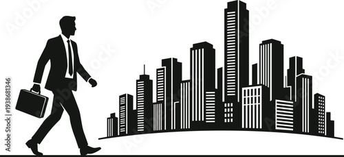 Businessman silhouette carrying briefcase walking toward modern city skyline representing career growth urban professional life corporate ambition success and daily commute to work