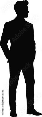 Executive businessman silhouette standing and looking to side in professional suit symbolizing vision leadership corporate strategy career future and ambitious entrepreneur profile