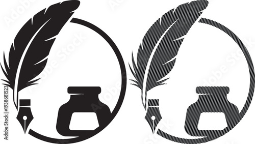 Symmetrical feather and pot design within circular frames displayed in black and white