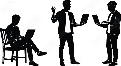 Modern professional silhouette set featuring young male executives sitting and standing while using laptop computers for digital workflow remote work and corporate productivity