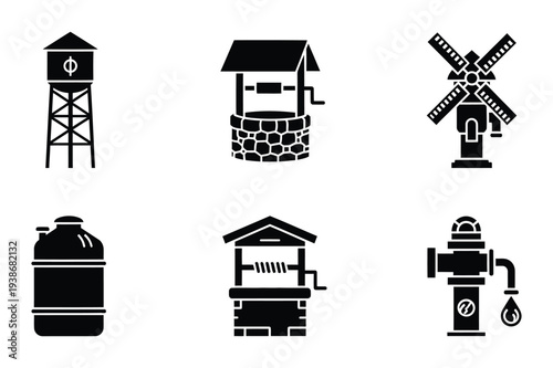 Water Icons: Well, Tower, Mill, Pump and Tank
