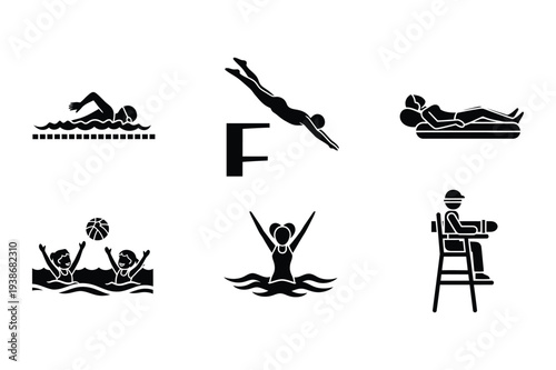 Swimming Pool Icons: Divers, Swimmers, Lifeguard