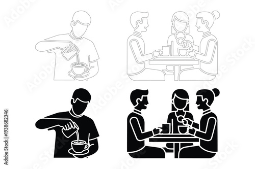 Coffee Break Icons: Pouring Coffee, Friends Chatting