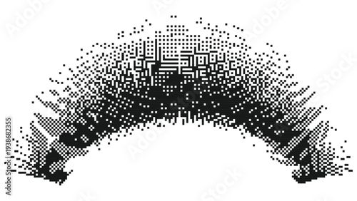 Black pixel arc formation creating dense futuristic digital architecture pattern, abstract geometric bridge like structure composed of scattered blocks on white background