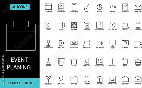 Event planning line icons set of 40, editable stroke outline vector symbols for conference, wedding, party and festival organization