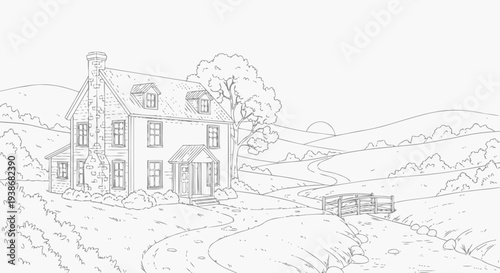 Large house with a chimney and tree.