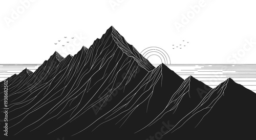 Mountain Range Landscape Silhouette Peaks.