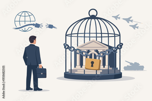 Businessman looking at a bank building locked in a cage with chains, representing financial sanctions, disconnection from SWIFT international money transfer, and global economic isolation.