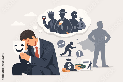 Imposter syndrome and hypocrisy concept with a businessman holding a smiling mask while feeling depressed, thinking about fraud, crime, and hidden identity in a corporate business environment.