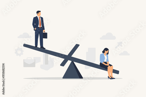 Gender Inequality and Workplace Discrimination Concept with Man and Woman on Unbalanced Seesaw Representing Career Gap, Glass Ceiling, Social Injustice, and Professional Imbalance in Business