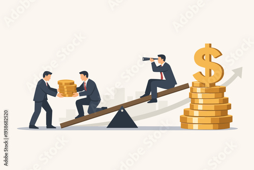 Business Leverage Investing Concept with Businessmen Using Seesaw to Lift Gold Coins and Dollar Sign for Financial Growth, Market Analysis with Telescope, Wealth Management and ROI Strategy.