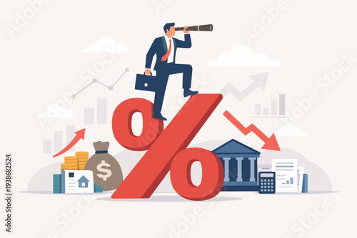 Businessman Standing on a Large Red Percentage Sign Looking Through a Telescope for Interest Rate Forecast, Central Bank Financial Policy, Investment Profit, Banking Strategy, and Economic Growth