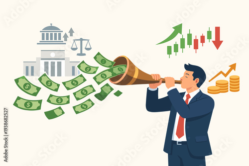 Businessman Blowing Horn with Flying Dollar Bills Towards Central Bank, Representing FED Interest Rate Policy, Stock Market Signals, Investment Opportunity, Profit Earning, and Economic Growth.