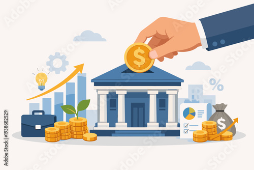 Investment bank financial service for wealth management, business loans, and advisory. Hand putting dollar coin in bank building with growth charts, money bags, stacks of coins, and lightbulb.