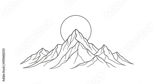 Mountain range with sun illustration.
