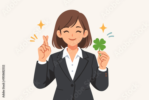 Businesswoman Crossing Fingers and Holding a Four-Leaf Clover for Good Luck, Success, and Fortune in Career, Hopeful Professional Woman Wishing for Opportunity, Blessing, and Positive Results.