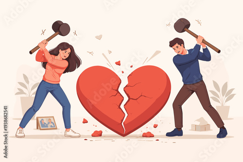 Couple hitting a giant cracked red heart with sledgehammers, symbolizing divorce, relationship crisis, and heartbreak. Man and woman destroying their love in a painful separation and conflict.
