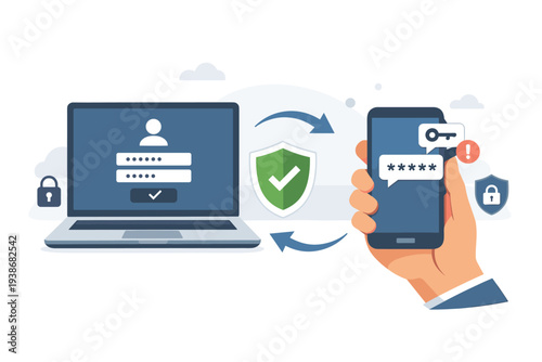 Two-Factor Authentication 2FA Concept with Laptop and Smartphone for Secure Login, One-Time Password OTP Verification, Cybersecurity Data Protection, Multi-Factor Authentication Safety Illustration