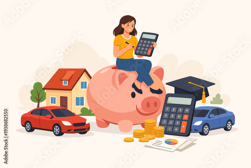 Woman Sitting on Piggy Bank Calculating Expenses for House Car and Education Personal Finance Management Budgeting for Mortgage Tuition and Vehicle Costs with Calculator and Savings Concept