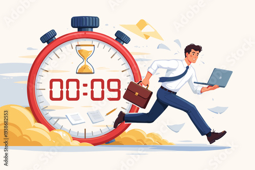 Stressed businessman running against time with a laptop and briefcase, large red stopwatch showing a countdown deadline, concept of work pressure, urgency, and fast-paced corporate life.