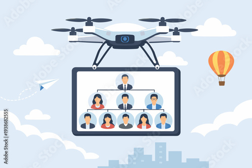 Business organization chart and management team hierarchy concept with a flying drone carrying a digital tablet screen showing employee structure over a city skyline and clouds background.
