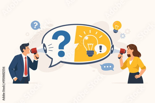 Question and Answer Session Concept with Business People Using Megaphones. FAQ Frequently Asked Questions Illustration for Problem Solving, Brainstorming, Idea Generation, and Communication.