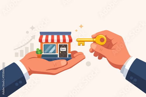 Businessman hands holding a small retail shop model and a golden key to success, concept for starting a new business, entrepreneurship, SME growth, opening a store, and franchise opportunity.