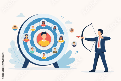 Businessman aiming bow and arrow at target with diverse people avatars. Concept for target audience, customer segmentation, marketing strategy, HR recruitment, and goal-oriented advertising.