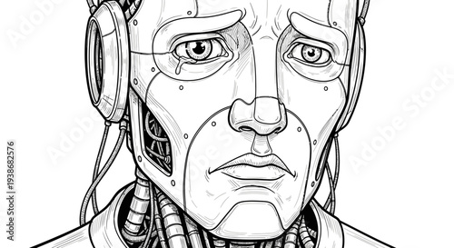 Robot head with mechanical earpiece closeup.