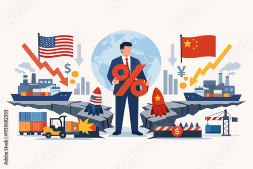 Trade War and Economic Conflict Between USA and China with Tariffs and Import Taxes Causing Global Recession, Businessman Holding Percentage Sign, Cargo Ships and Containers on Cracked Ground