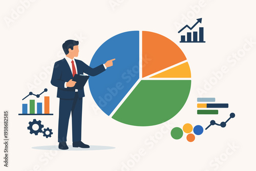 Businessman in a suit presenting data analysis with a large pie chart, bar graphs, and line charts. Professional flat vector illustration for financial reporting, marketing, and business growth.