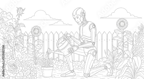 Robot watering plants in garden.