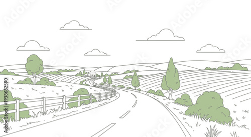 Rural road with trees and fields.