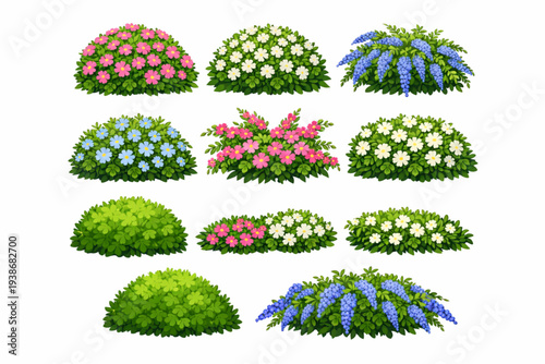 Green Garden Bush and Flowering Shrub Vector Set with Pink, White, and Blue Flowers Isolated on White